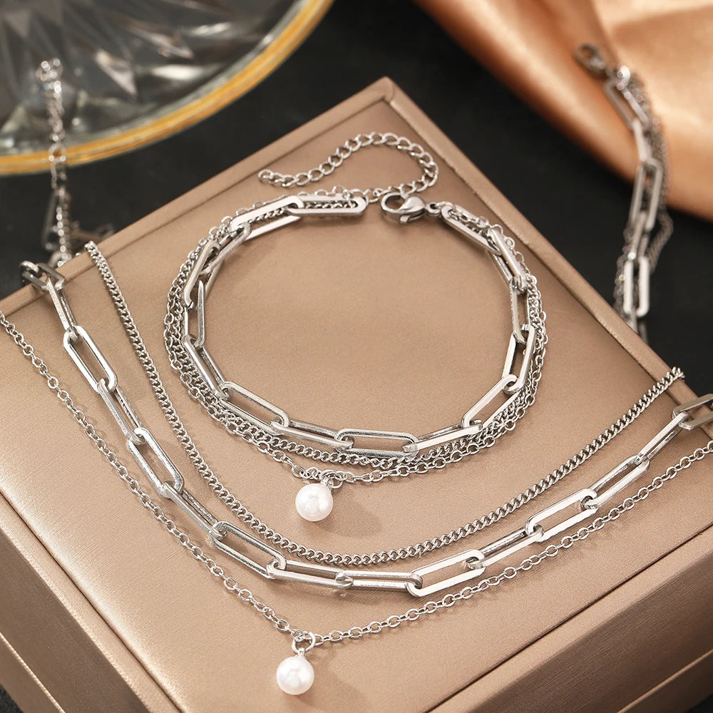 Stainless Steel Jewelry Set Elegant Delicate Pearl Pendant Jewelry Set
