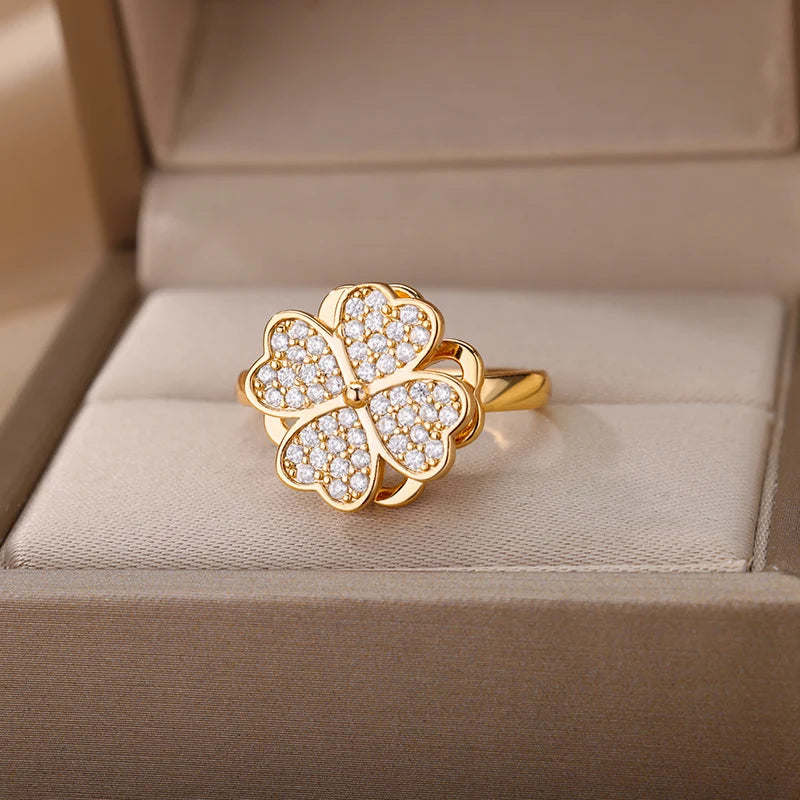 Four Clover Rotating Anxiety Rings for Women Adjustable Stainless Steel