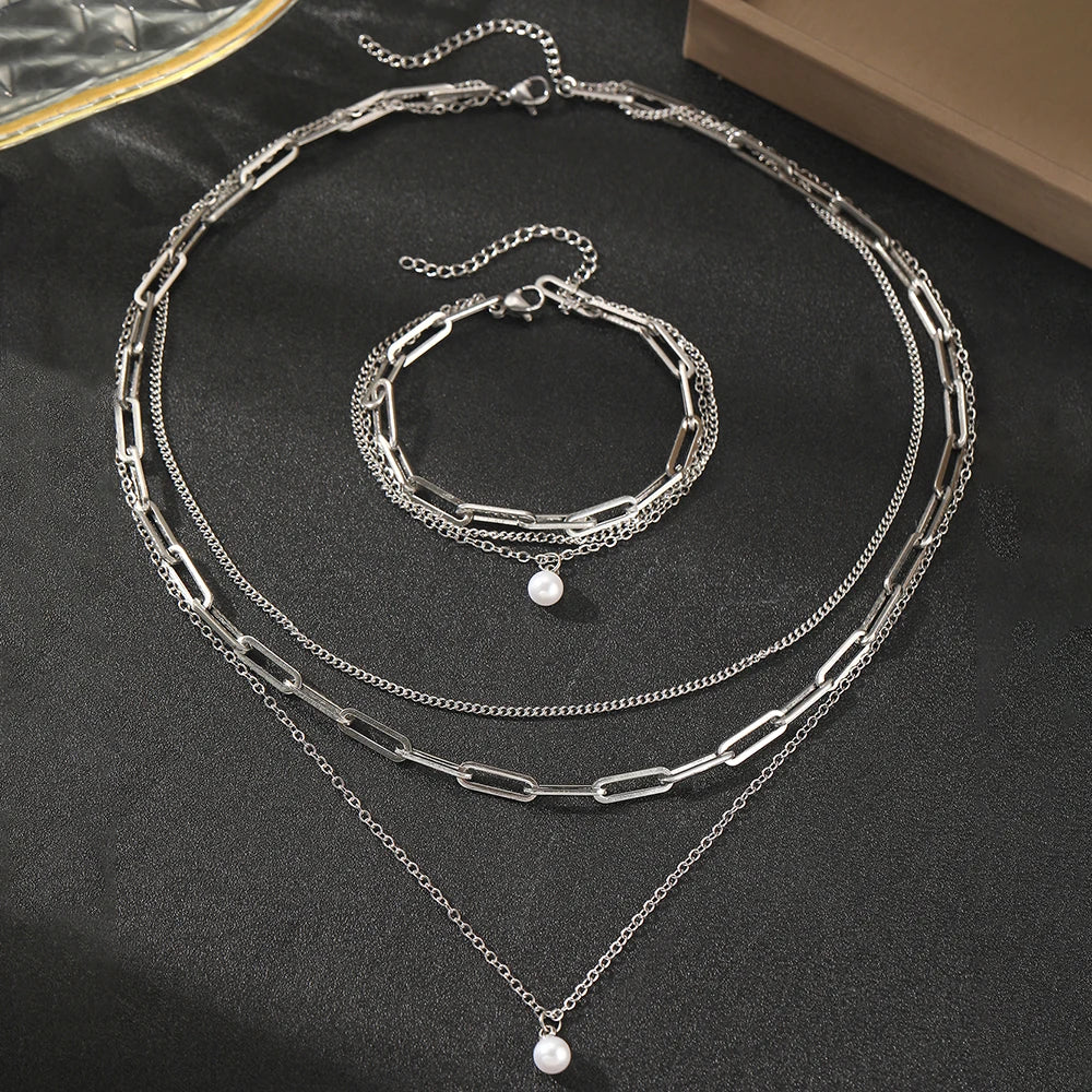 Stainless Steel Jewelry Set Elegant Delicate Pearl Pendant Jewelry Set