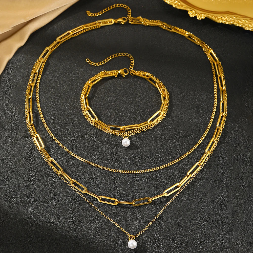 Stainless Steel Jewelry Set Elegant Delicate Pearl Pendant Jewelry Set