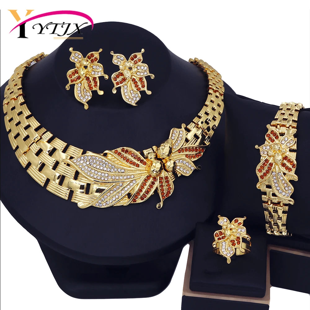 Big Flower Choker Necklace Fine Zircon Bracelet Piercing Earring Ring 18K Gold Plated Jewellery