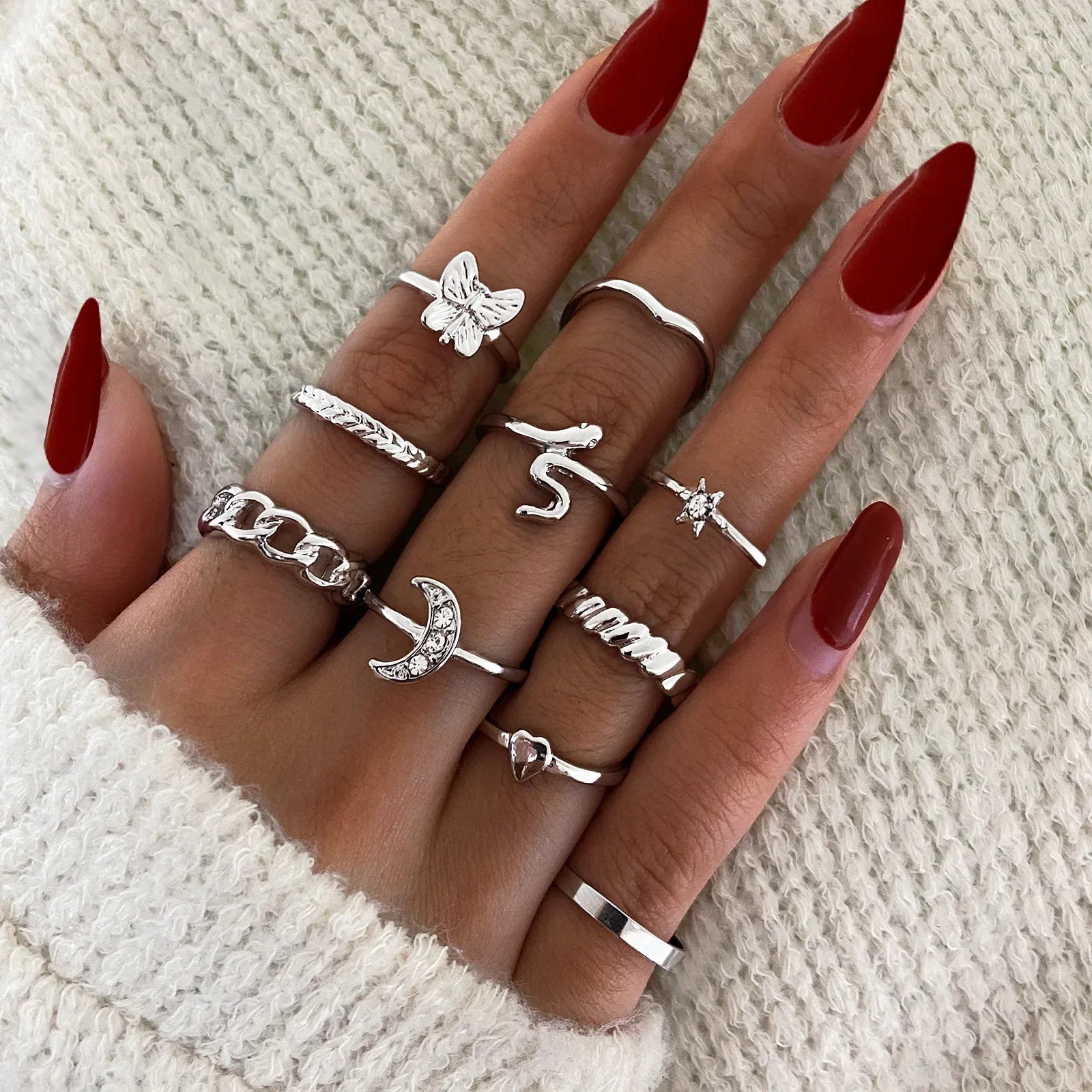 New Fashion Creative Geometric Leaf Wave Hollow Ring Set 11 Pcs for Women Men Simple Knuckle Ring Charm Wedding Party Jewelry
