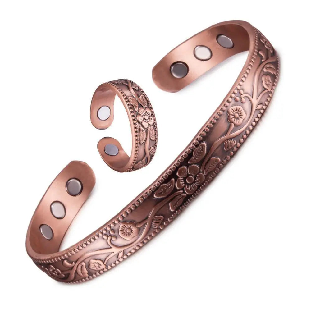 Magnetic Bracelet Retro Flower Ring Bracelet Set Adjustable Men's and Women's