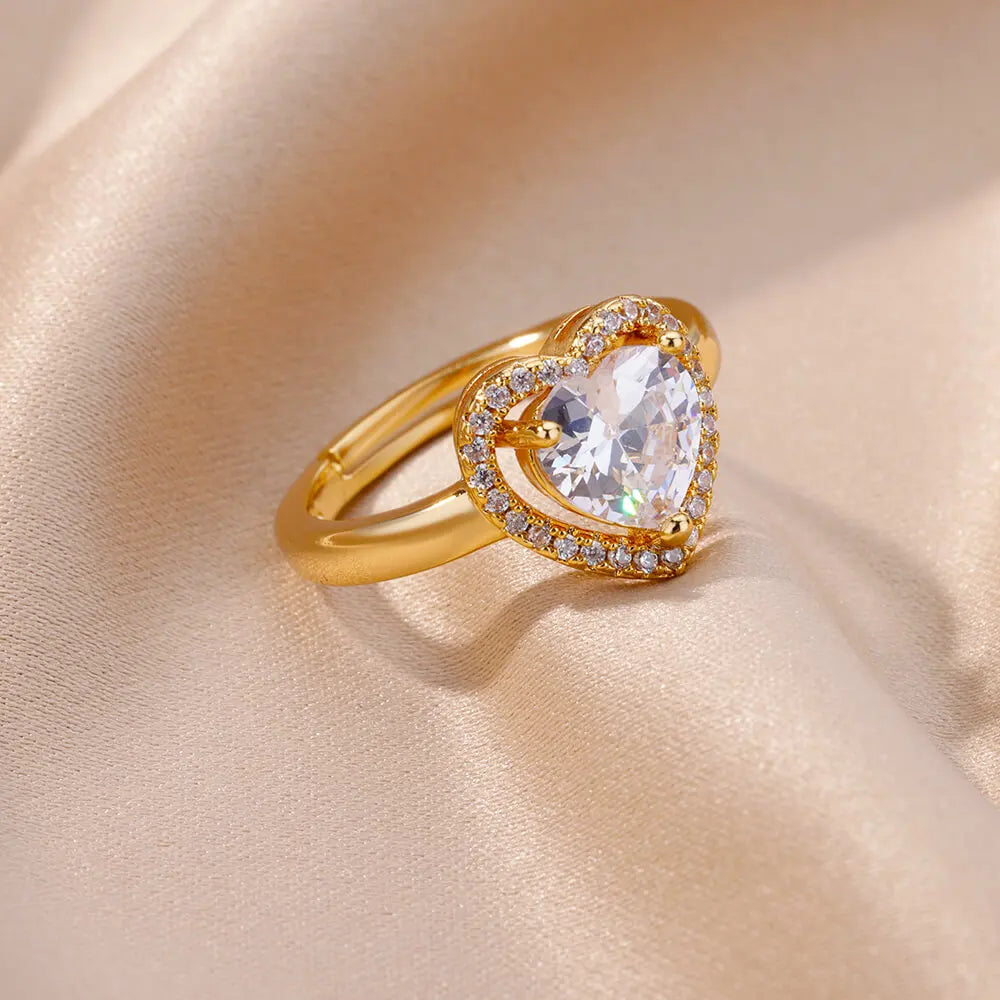 Heart Rings For Women Zircon Gold Plated Heart Adjustable Ring