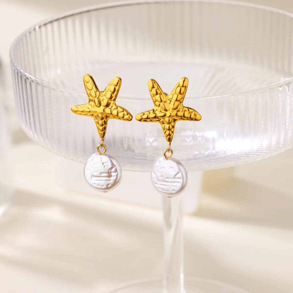 Starfish Conch Stud Earring For Women Imitation Pearl Drop Stainless Steel