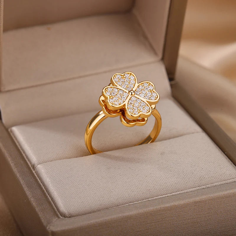 Four Clover Rotating Anxiety Rings for Women Adjustable Stainless Steel