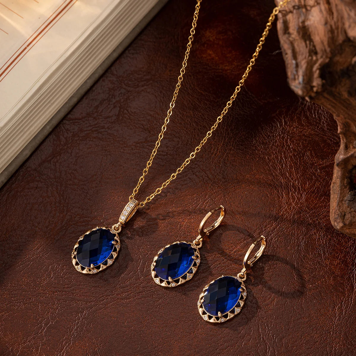 Gold Plated Copper Jewelry Set with Blue Zirconia