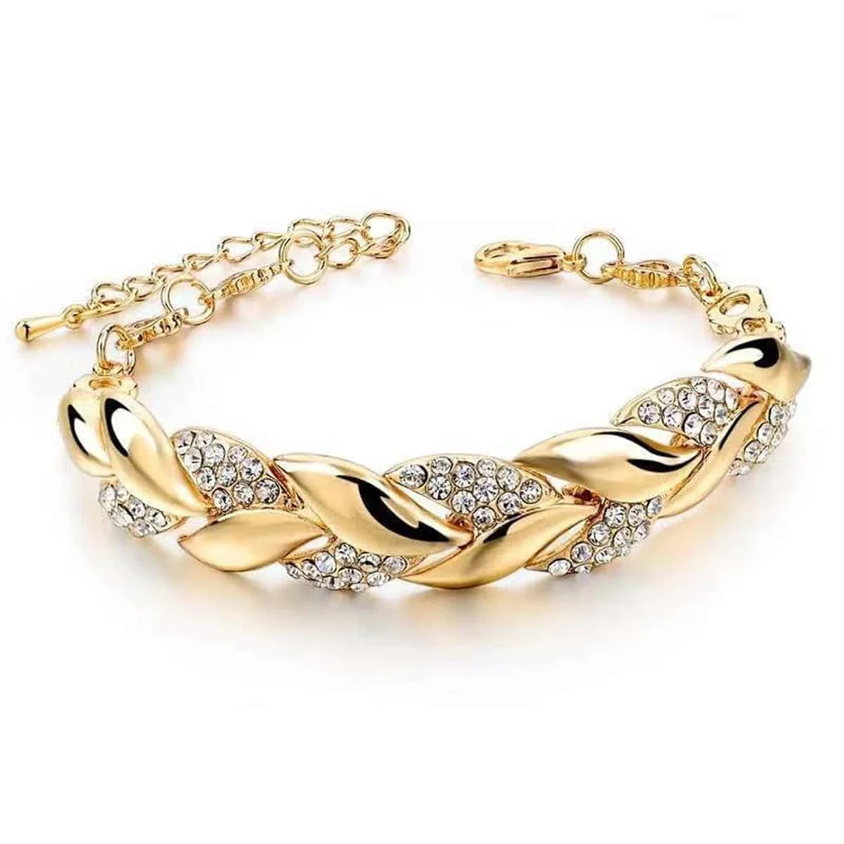 Hip Hop Leaf Bracelet Women's Gold Twisted Shining Crystal Stone