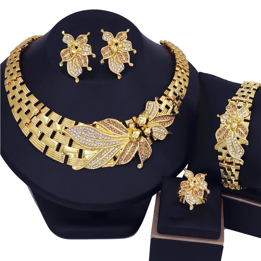 Big Flower Choker Necklace Fine Zircon Bracelet Piercing Earring Ring 18K Gold Plated Jewellery