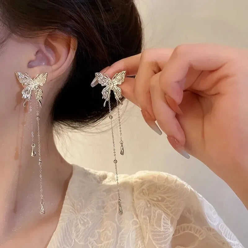 Elegant Elf Butterfly Long Tassel Clip Earrings for Women