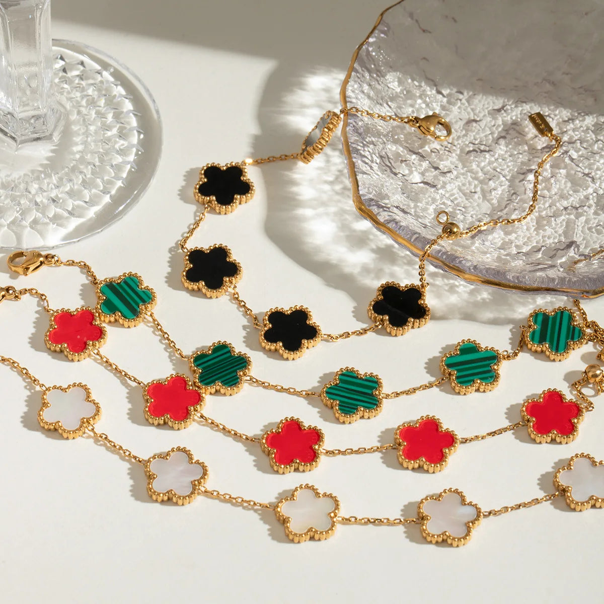 ROSE Stainless Steel Solid Color Flower Four-leaf Clover Bracelet Women 18k Gold
