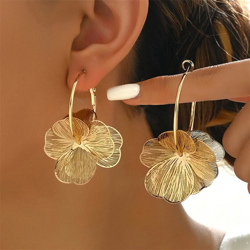 Gold Color Double Layer Hollow Flower Hoop Earring for Women