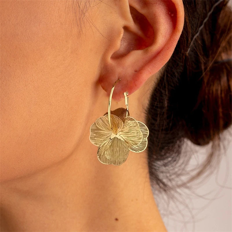 Gold Color Double Layer Hollow Flower Hoop Earring for Women
