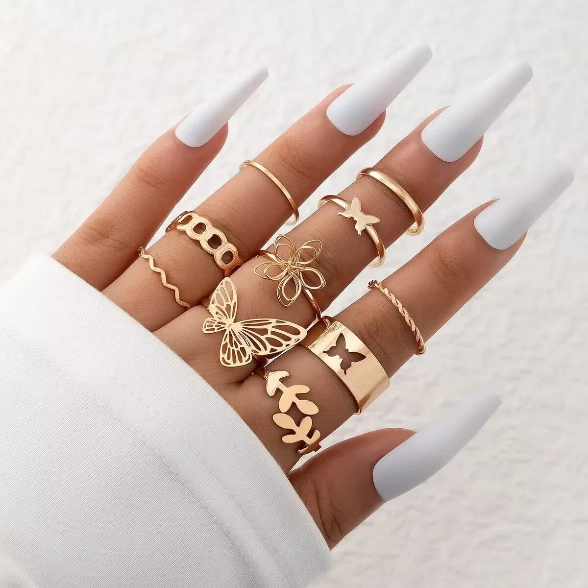 New Fashion Creative Geometric Leaf Wave Hollow Ring Set 11 Pcs for Women Men Simple Knuckle Ring Charm Wedding Party Jewelry