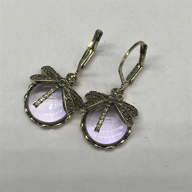 Vintage Bronze Dragonfly Earrings Fashion Gold Color Metal Carving Pattern Inlaid Moonstone Drop Earrings for Women Jewelry