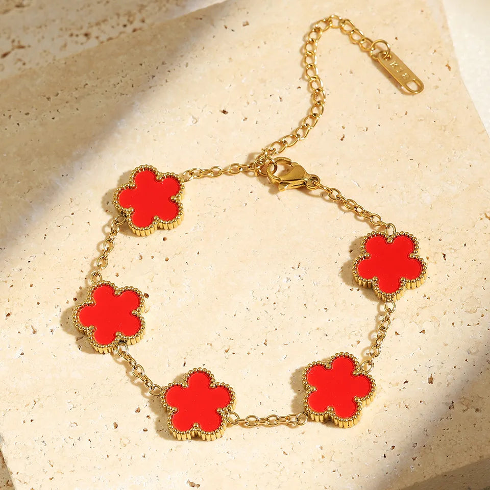 ROSE Stainless Steel Solid Color Flower Four-leaf Clover Bracelet Women 18k Gold