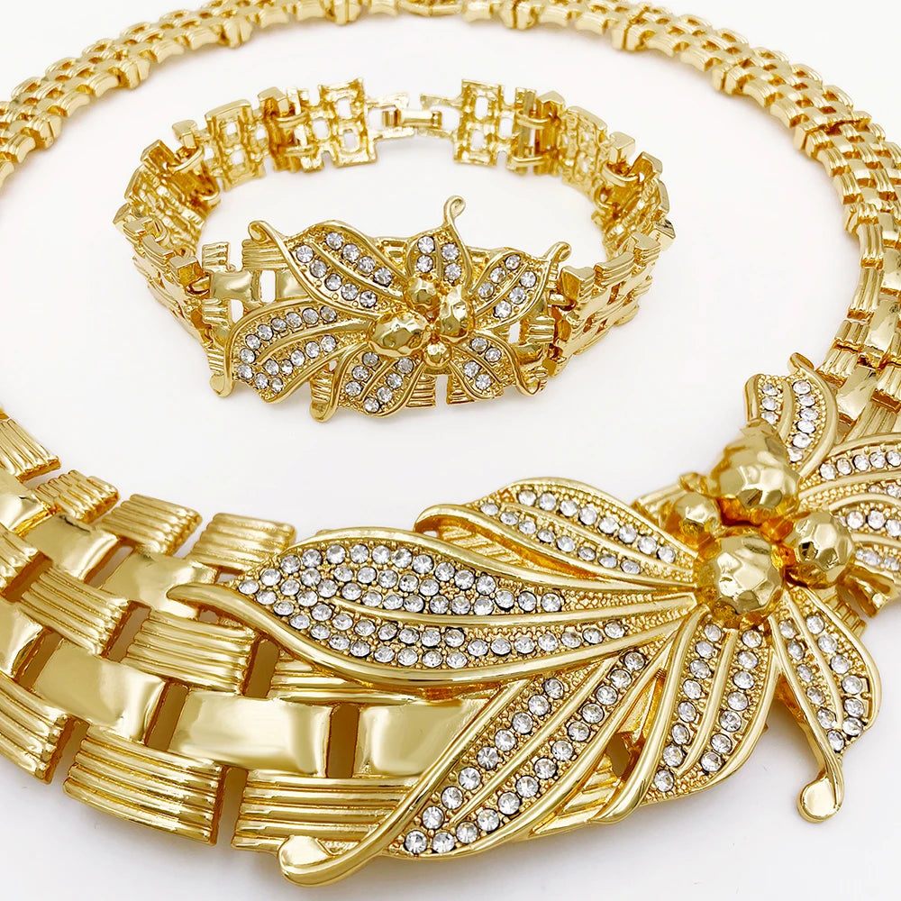 Big Flower Choker Necklace Fine Zircon Bracelet Piercing Earring Ring 18K Gold Plated Jewellery