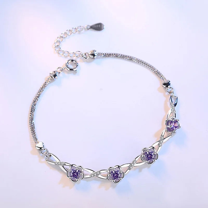 Authentic S925 Sterling Silver Crystal Vintage Plum Blossom Flower Bracelet Bangle For Women Girl Lady Wedding Birthday Gift