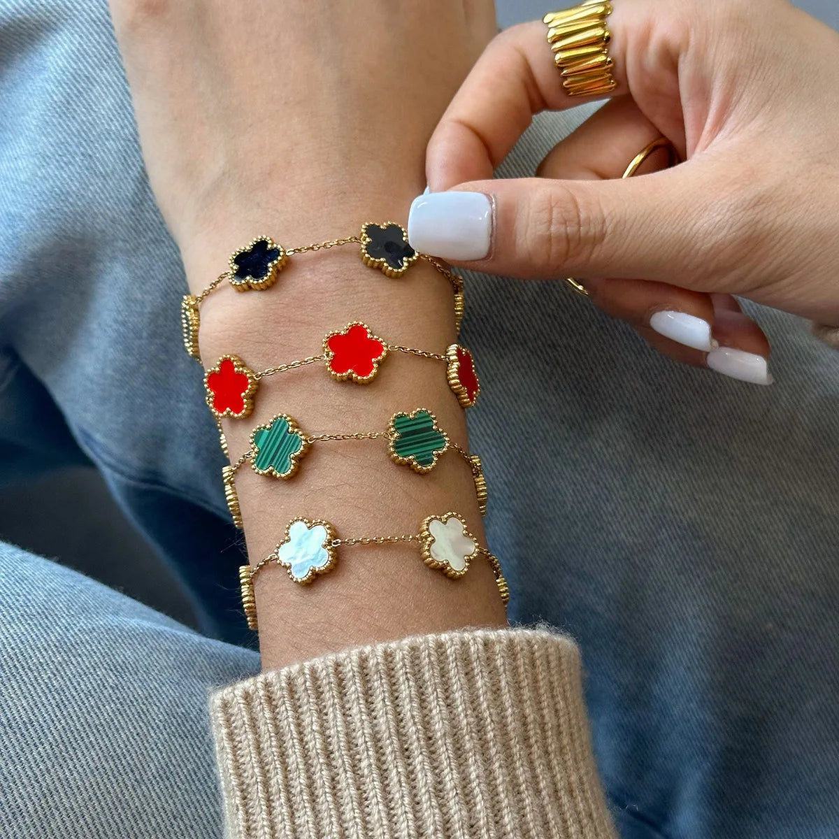 ROSE Stainless Steel Solid Color Flower Four-leaf Clover Bracelet Women 18k Gold