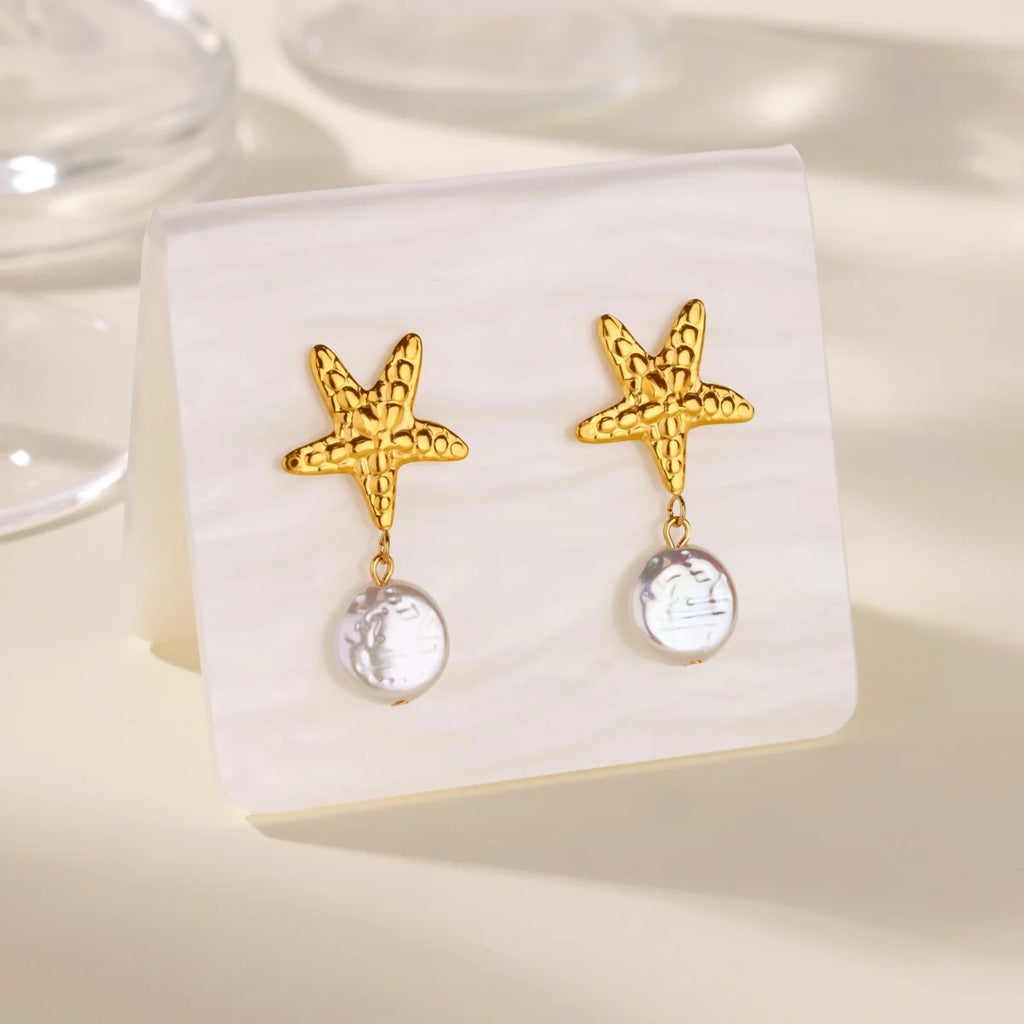 Starfish Conch Stud Earring For Women Imitation Pearl Drop Stainless Steel