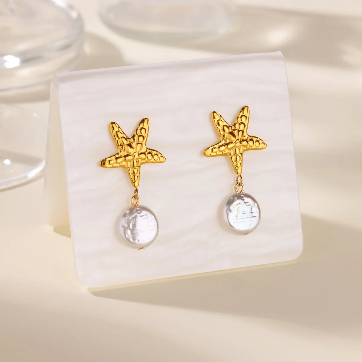 Starfish Conch Stud Earring For Women Imitation Pearl Drop Stainless Steel
