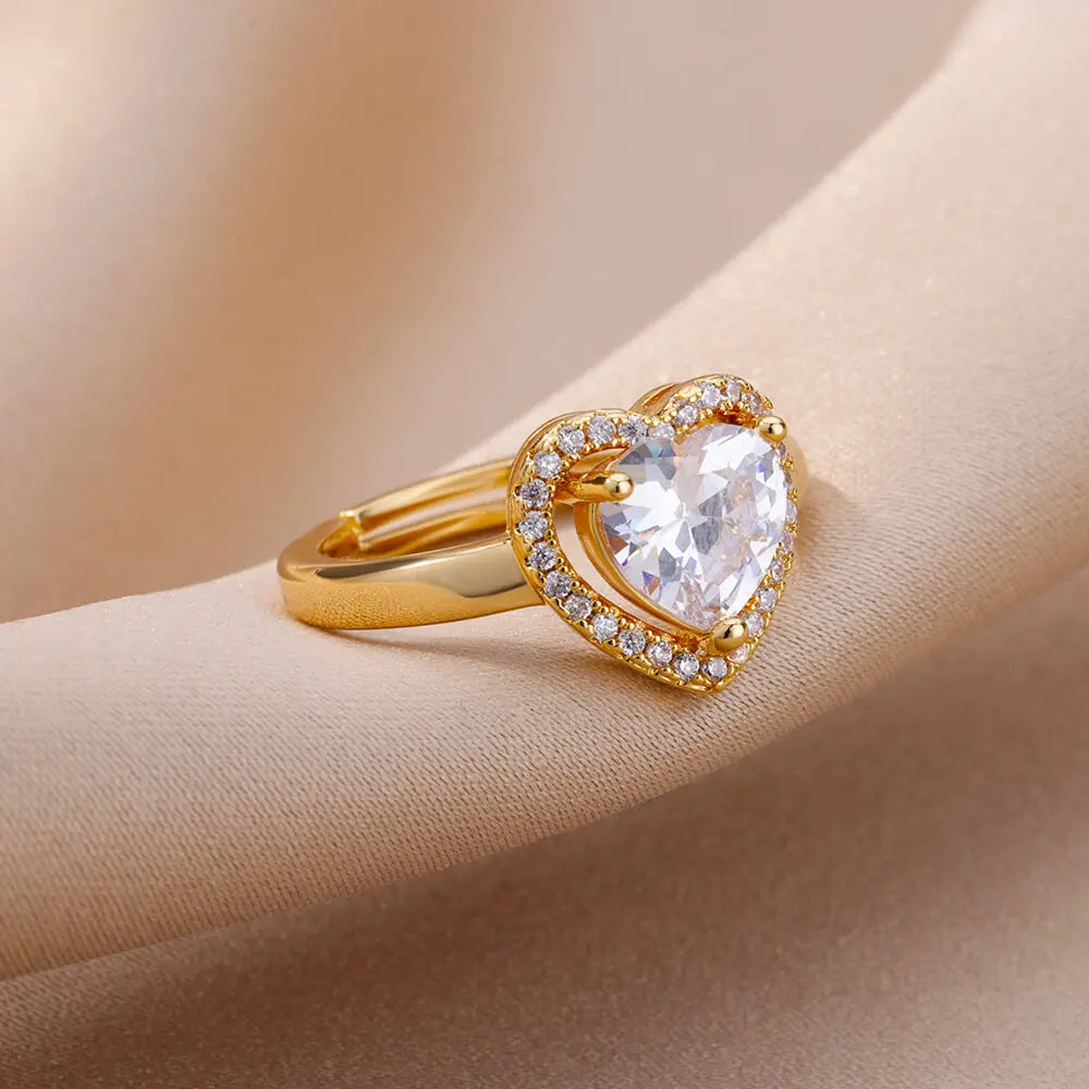 Heart Rings For Women Zircon Gold Plated Heart Adjustable Ring