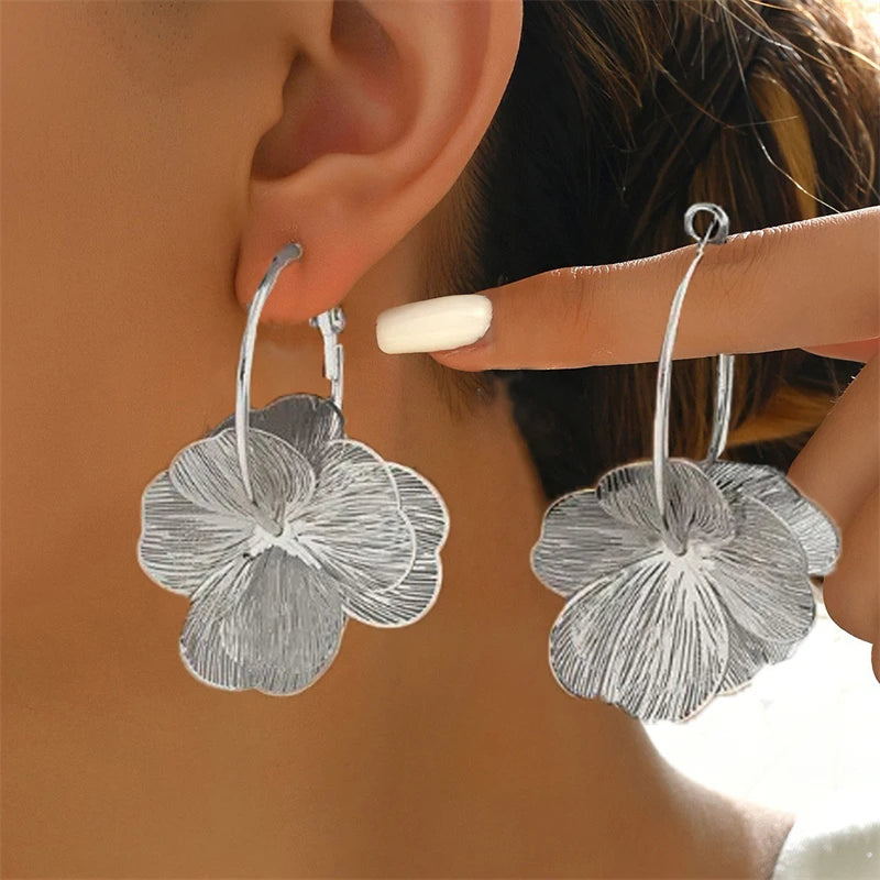 Gold Color Double Layer Hollow Flower Hoop Earring for Women