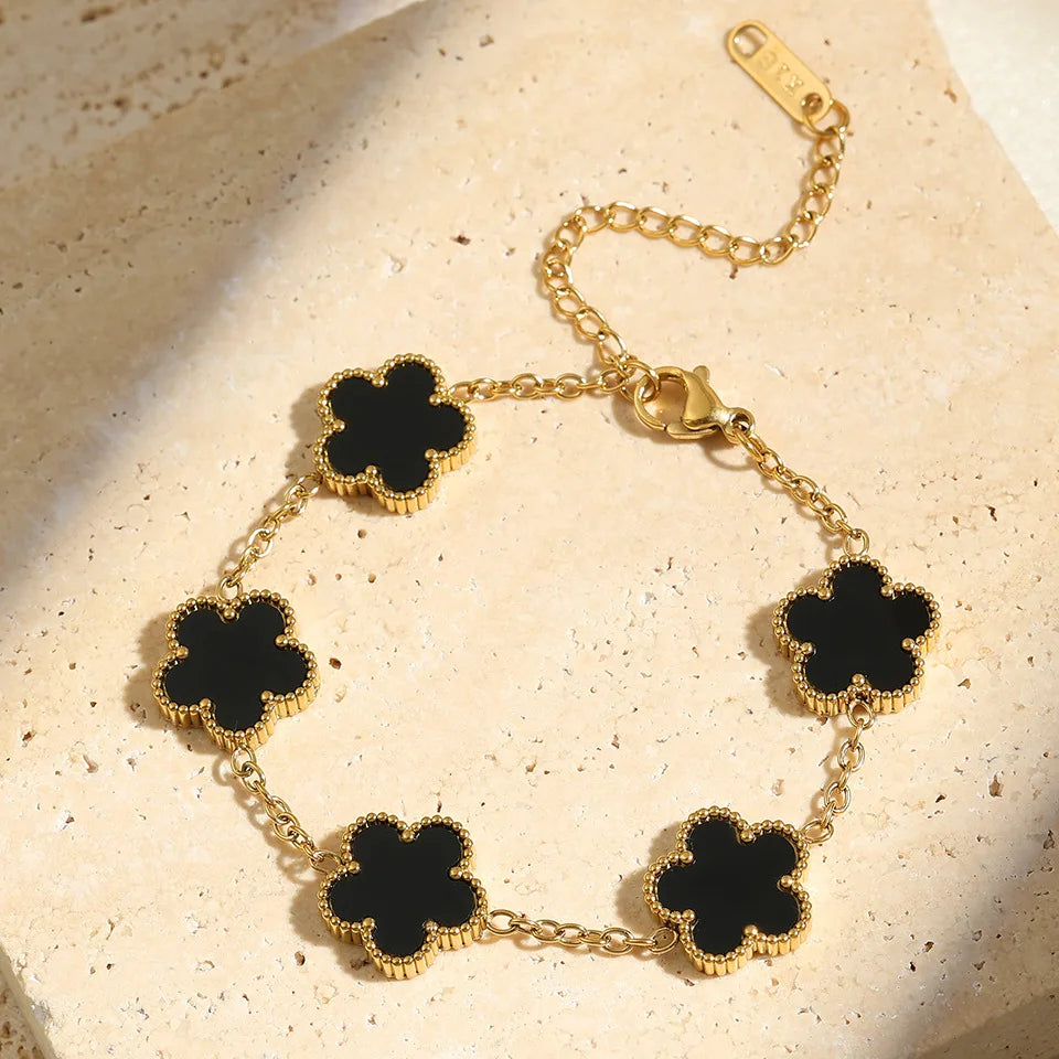 ROSE Stainless Steel Solid Color Flower Four-leaf Clover Bracelet Women 18k Gold