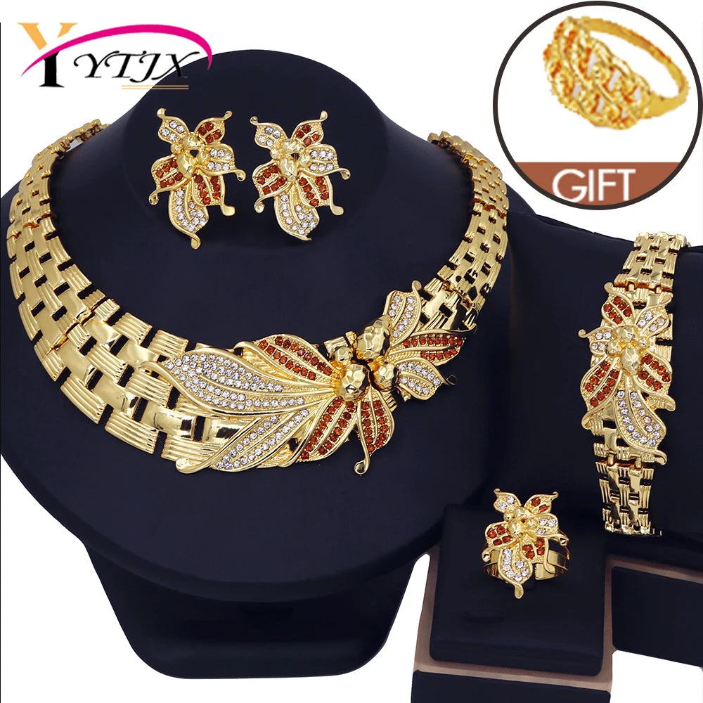 Big Flower Choker Necklace Fine Zircon Bracelet Piercing Earring Ring 18K Gold Plated Jewellery