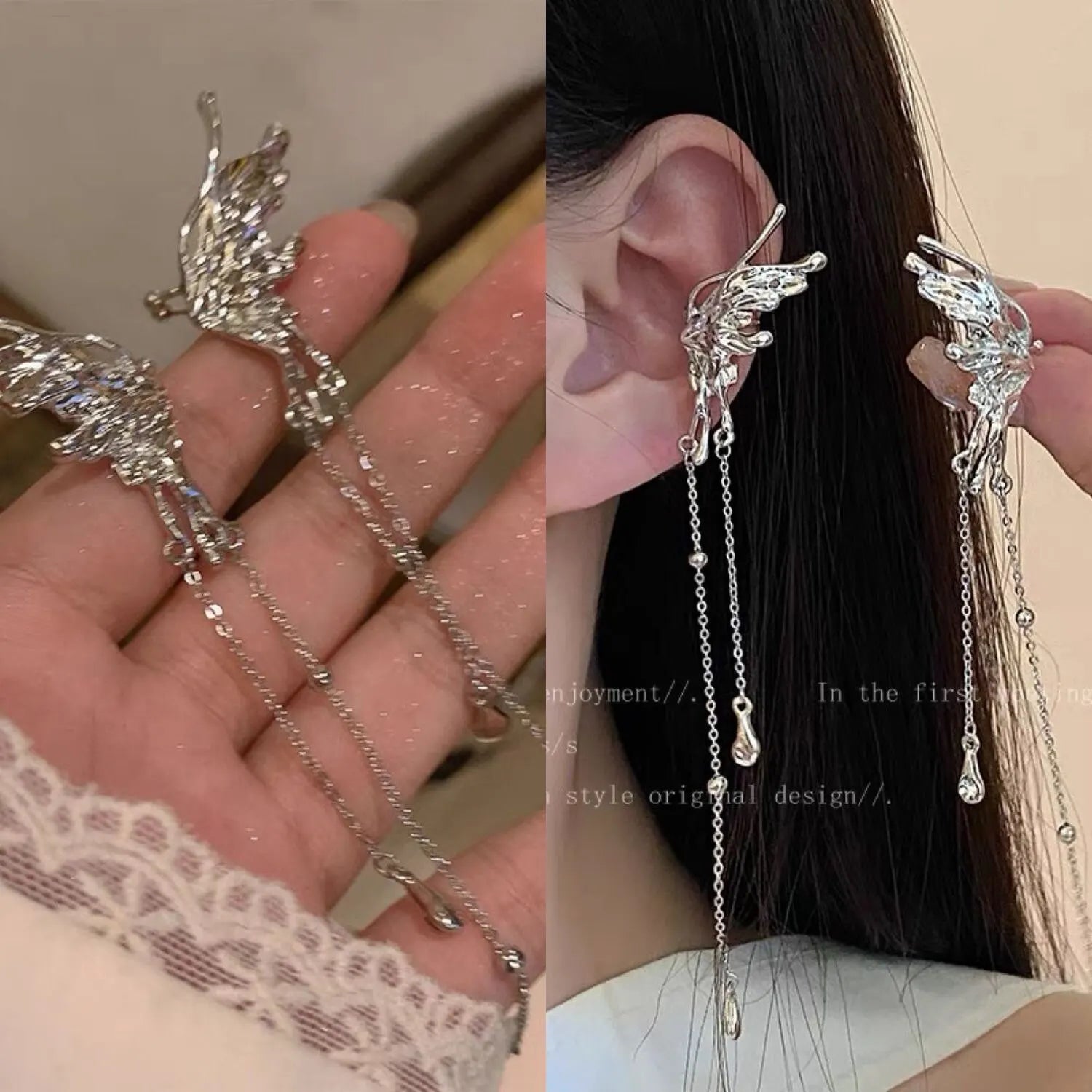 Elegant Elf Butterfly Long Tassel Clip Earrings for Women