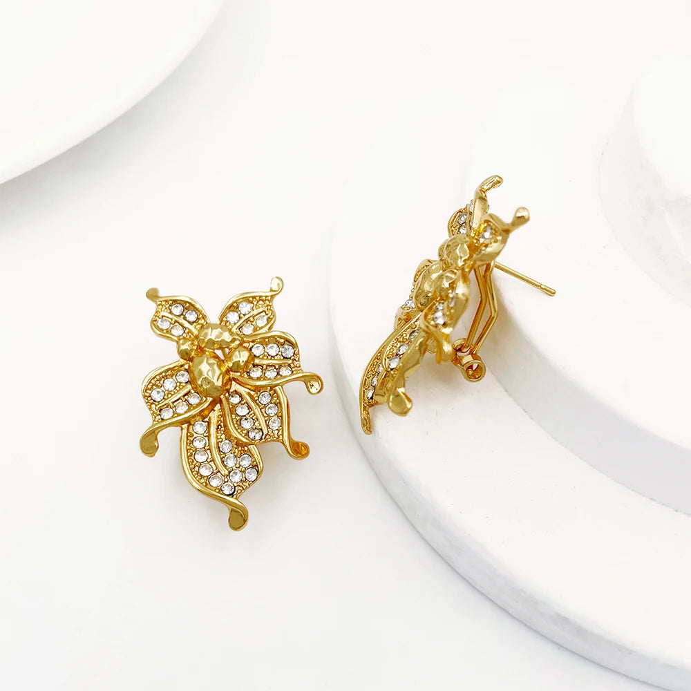 Big Flower Choker Necklace Fine Zircon Bracelet Piercing Earring Ring 18K Gold Plated Jewellery