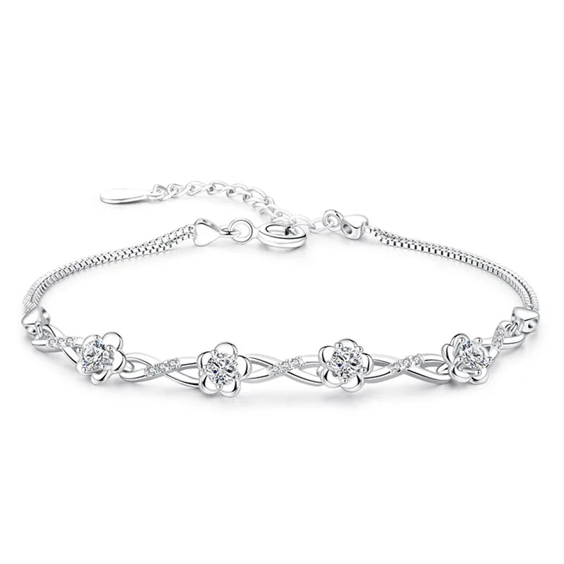 Authentic S925 Sterling Silver Crystal Vintage Plum Blossom Flower Bracelet Bangle For Women Girl Lady Wedding Birthday Gift