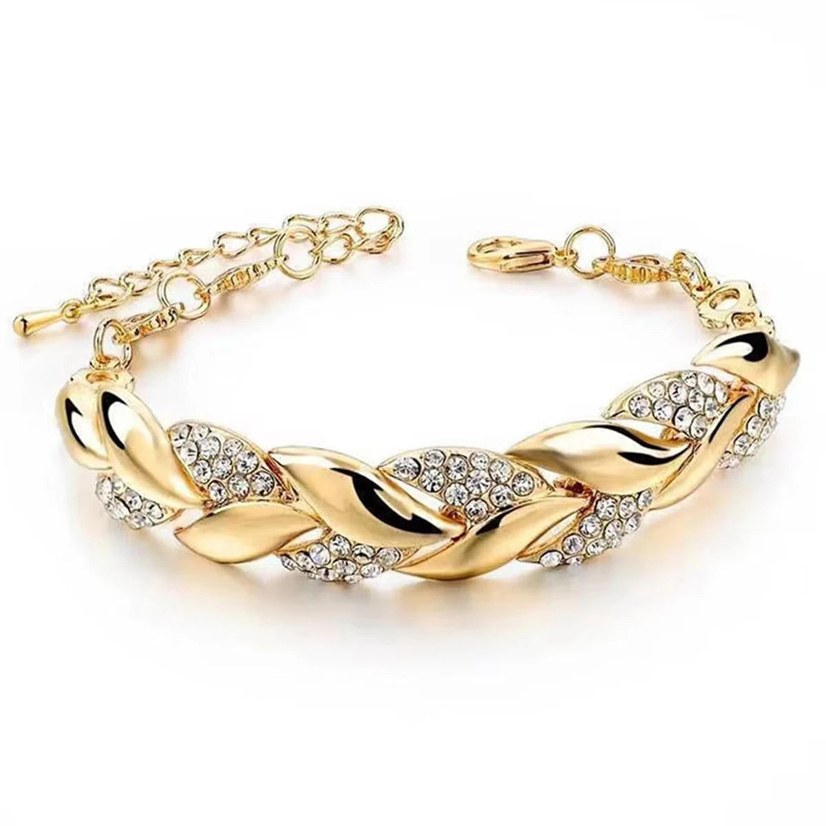 Hip Hop Leaf Bracelet Women's Gold Twisted Shining Crystal Stone