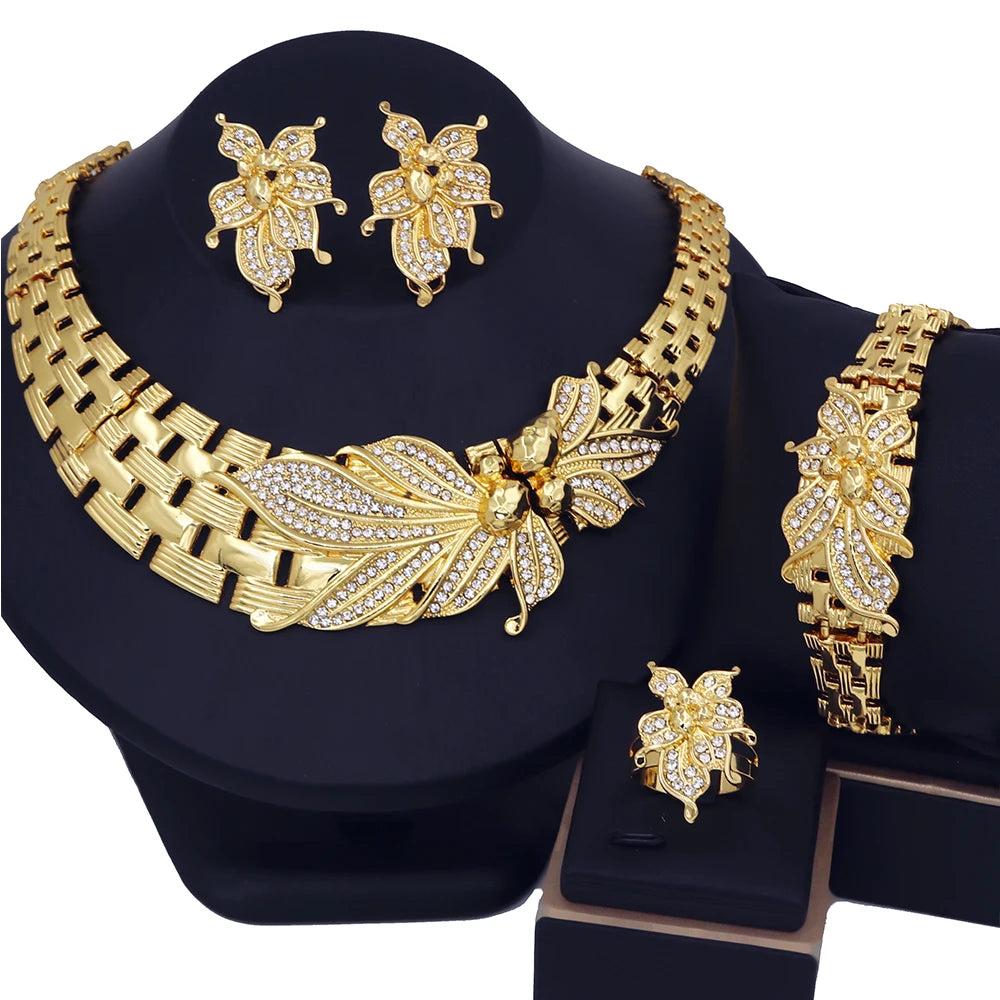 Big Flower Choker Necklace Fine Zircon Bracelet Piercing Earring Ring 18K Gold Plated Jewellery
