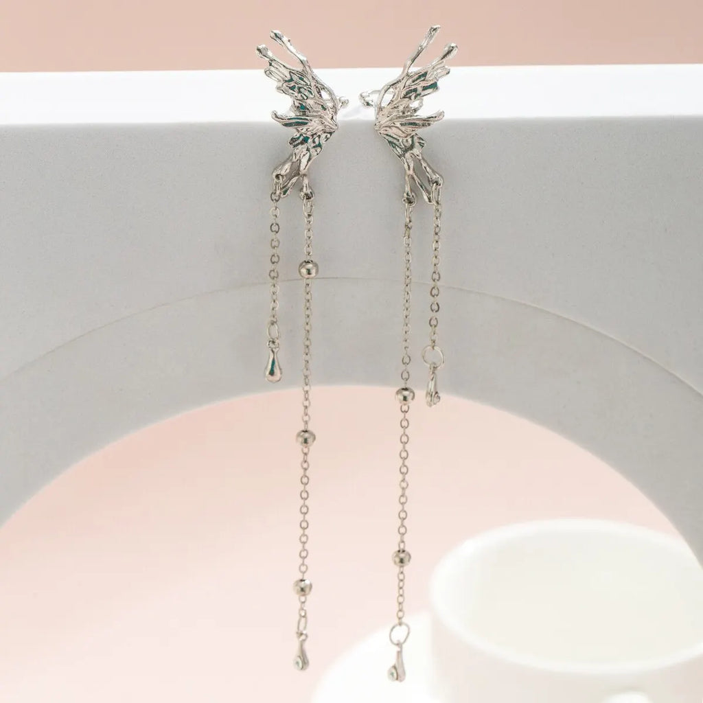 Elegant Elf Butterfly Long Tassel Clip Earrings for Women