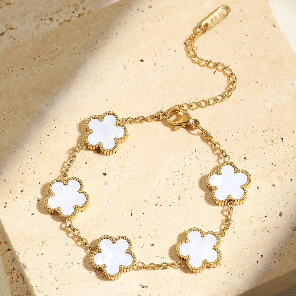 ROSE Stainless Steel Solid Color Flower Four-leaf Clover Bracelet Women 18k Gold
