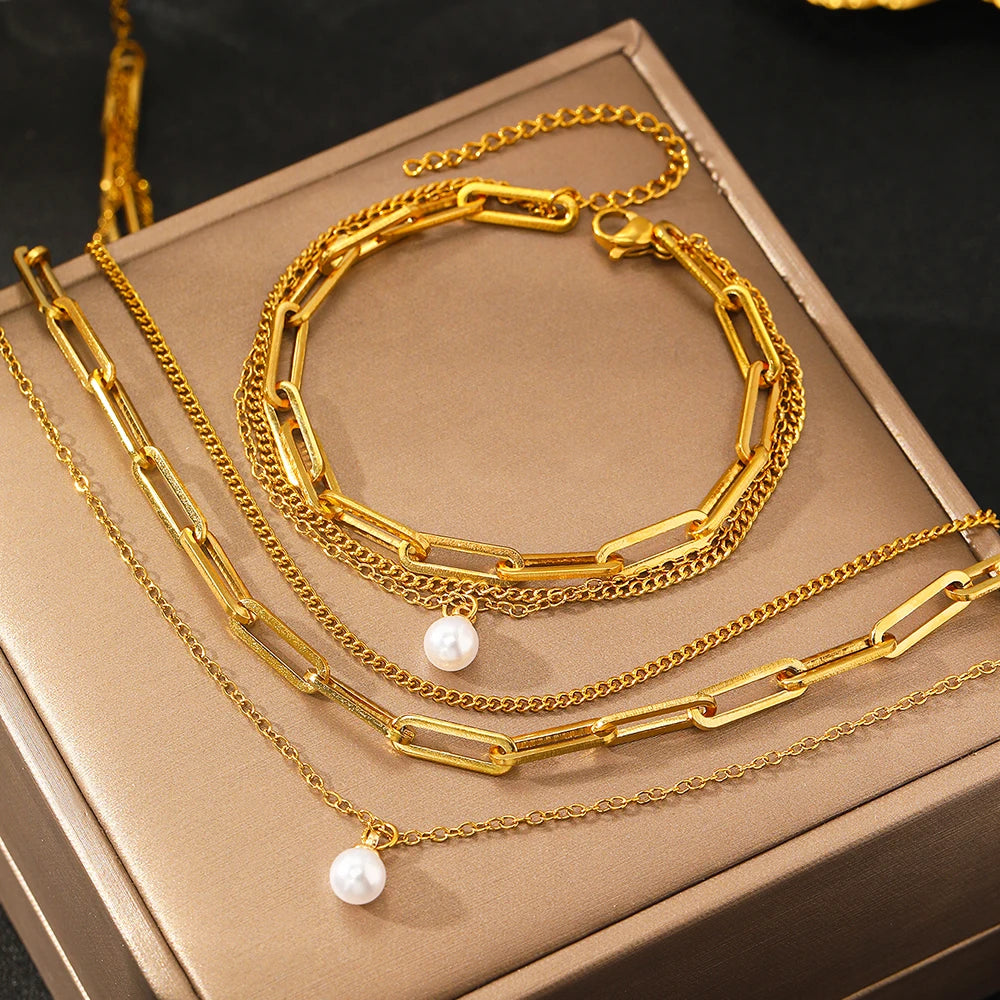 Stainless Steel Jewelry Set Elegant Delicate Pearl Pendant Jewelry Set