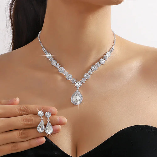2pcs/set Jewelry Sets Women Elegant Waterdrop Rhinestone