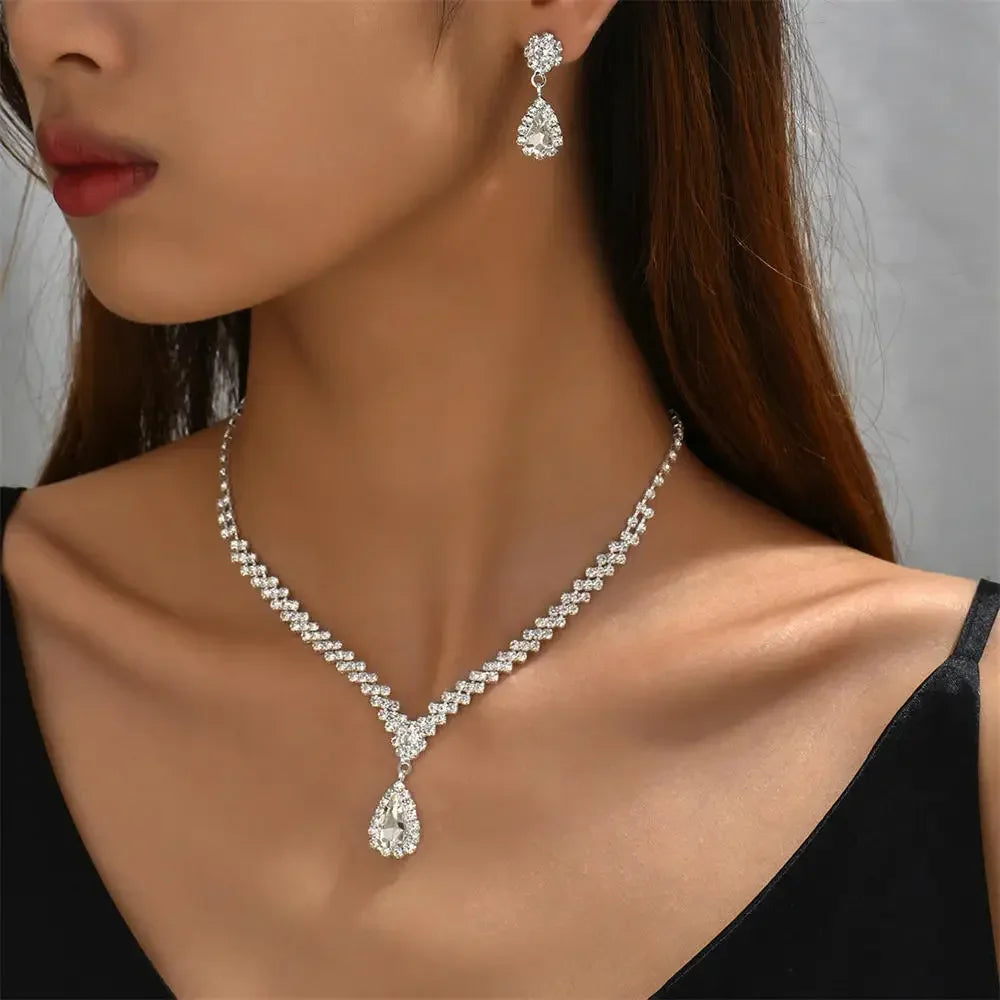 2pcs/set Jewelry Sets Women Elegant Waterdrop Rhinestone