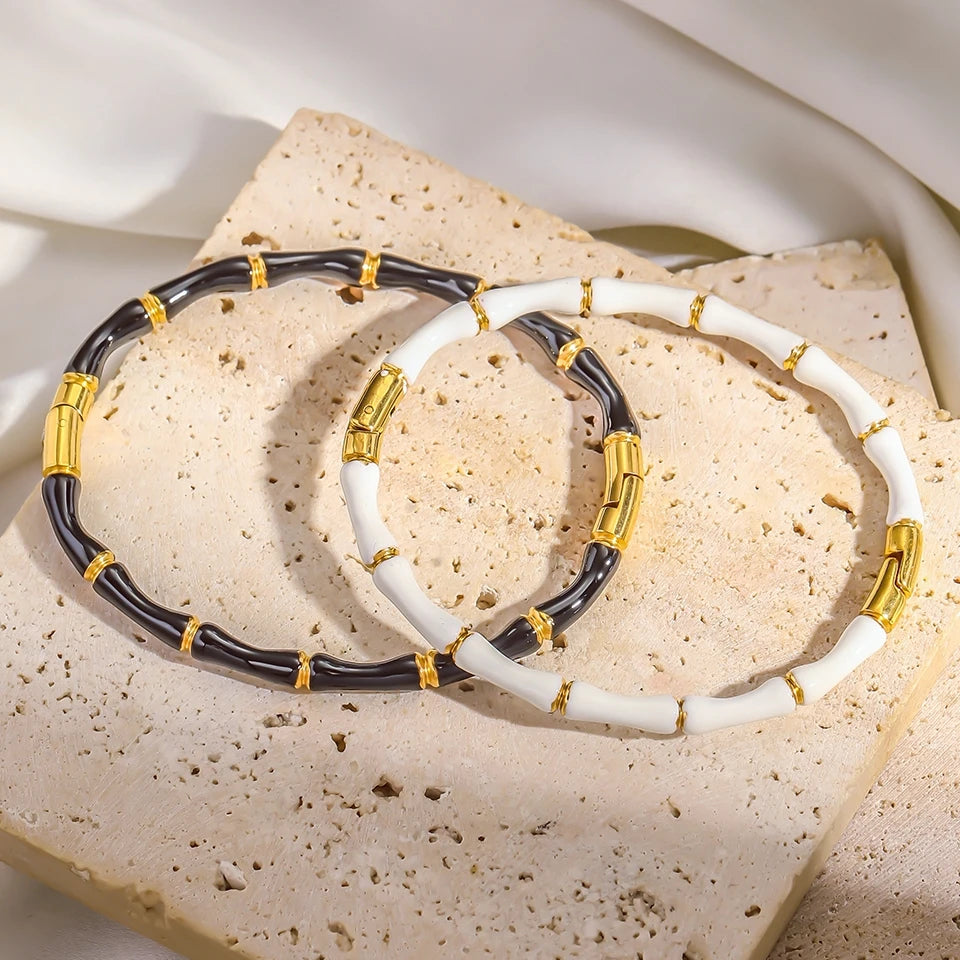 MONl Black And White Bamboo Bone Bracelet For Women 18k Gold
