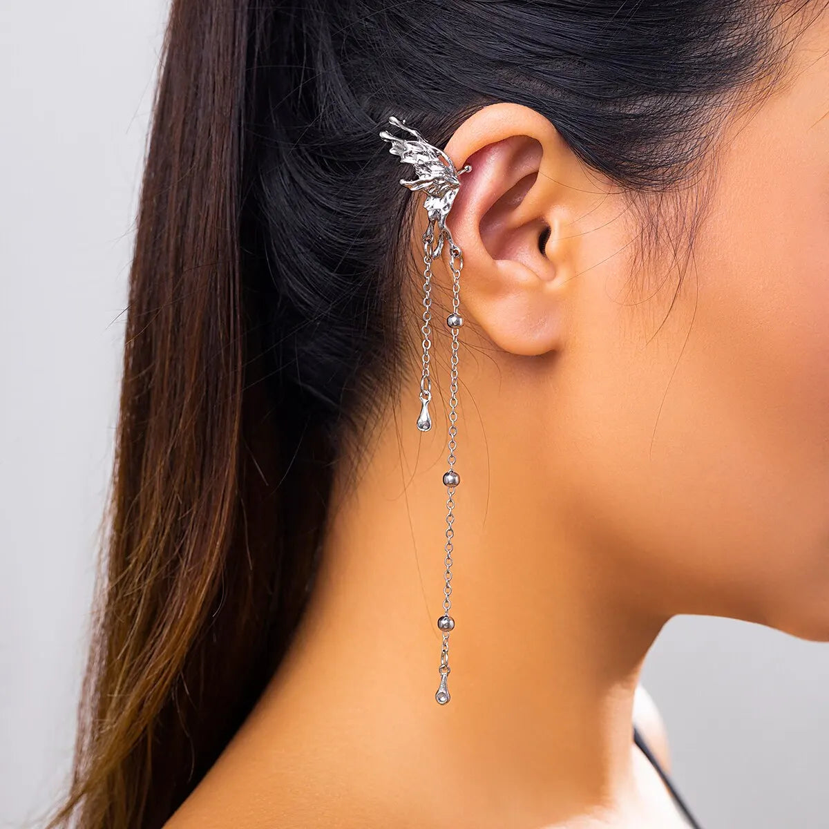 Elegant Elf Butterfly Long Tassel Clip Earrings for Women