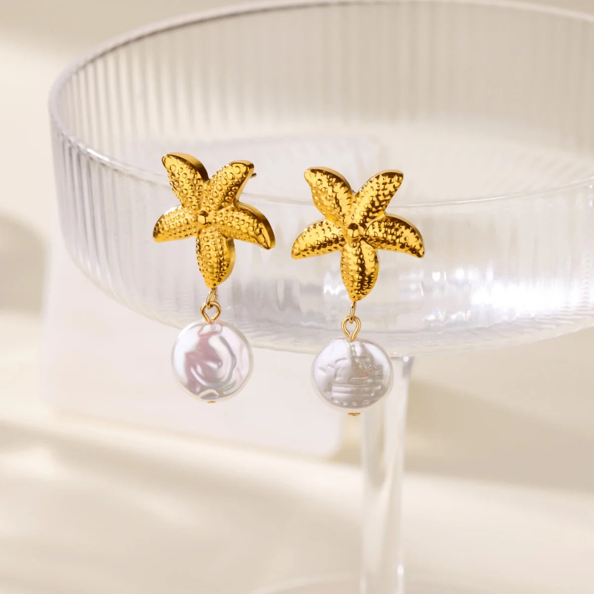 Starfish Conch Stud Earring For Women Imitation Pearl Drop Stainless Steel
