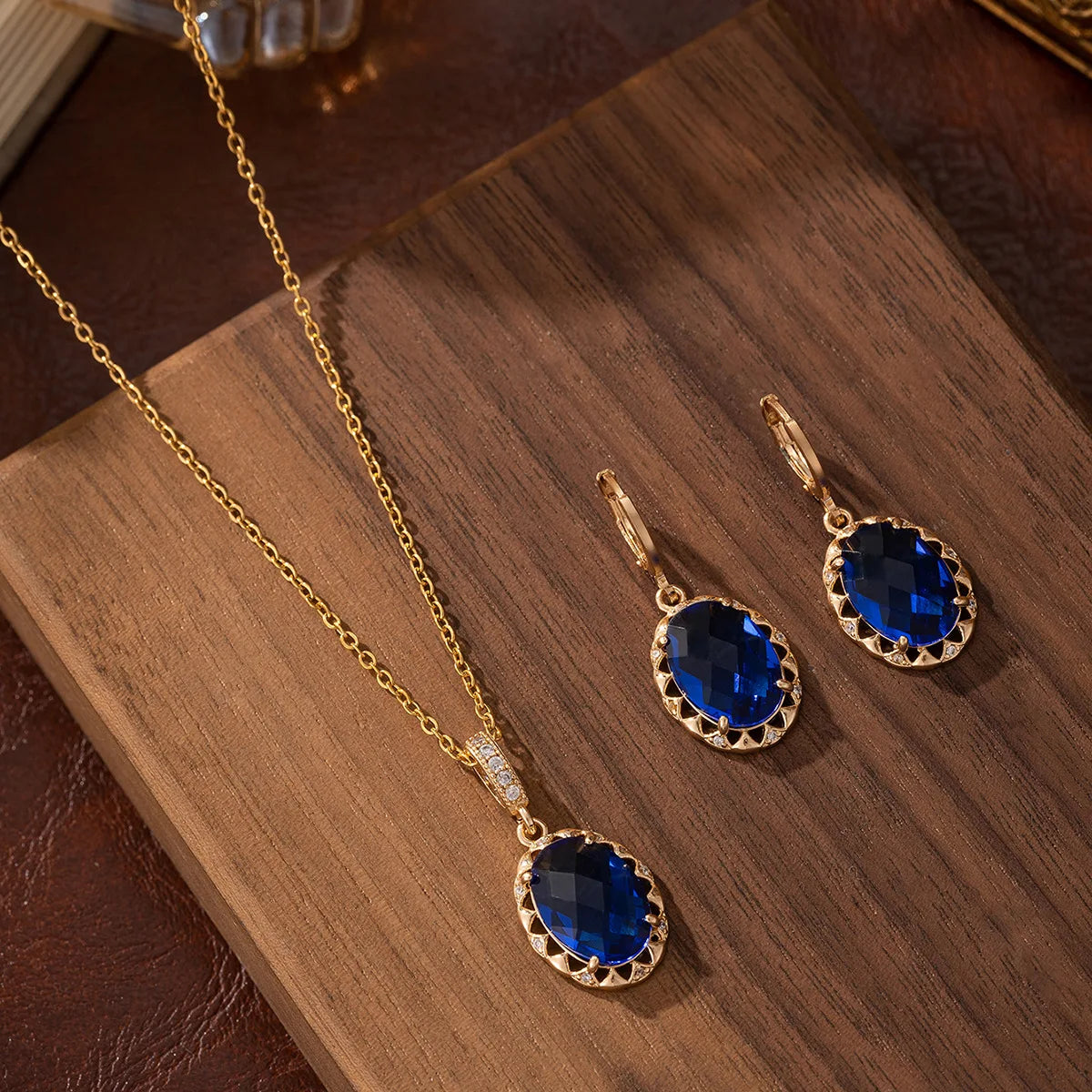 Gold Plated Copper Jewelry Set with Blue Zirconia