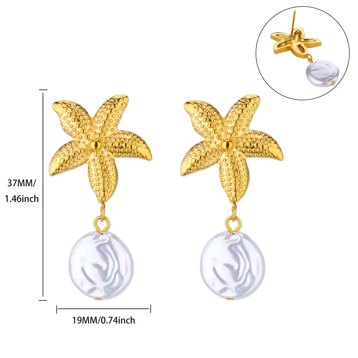 Starfish Conch Stud Earring For Women Imitation Pearl Drop Stainless Steel