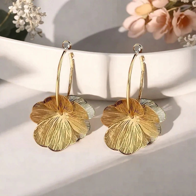 Gold Color Double Layer Hollow Flower Hoop Earring for Women