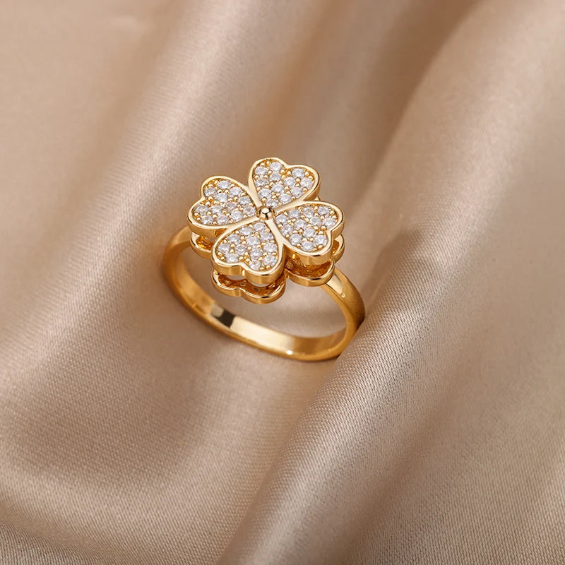 Four Clover Rotating Anxiety Rings for Women Adjustable Stainless Steel