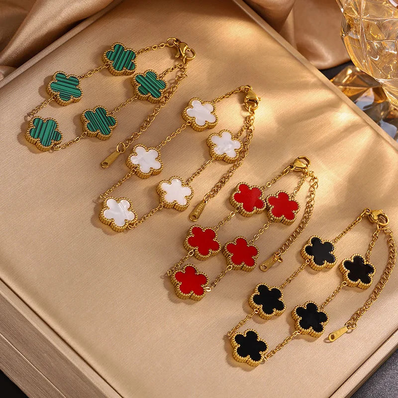 ROSE Stainless Steel Solid Color Flower Four-leaf Clover Bracelet Women 18k Gold