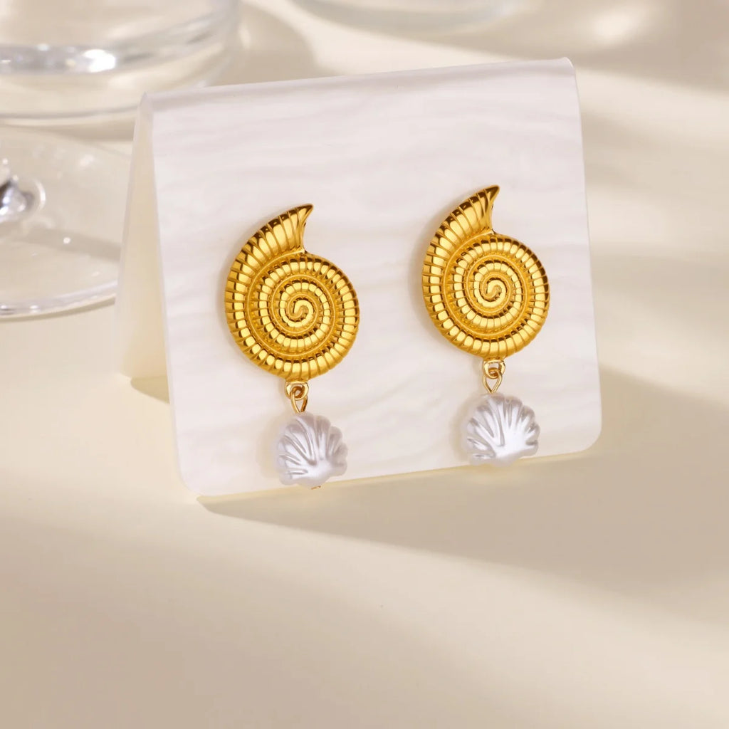 Starfish Conch Stud Earring For Women Imitation Pearl Drop Stainless Steel