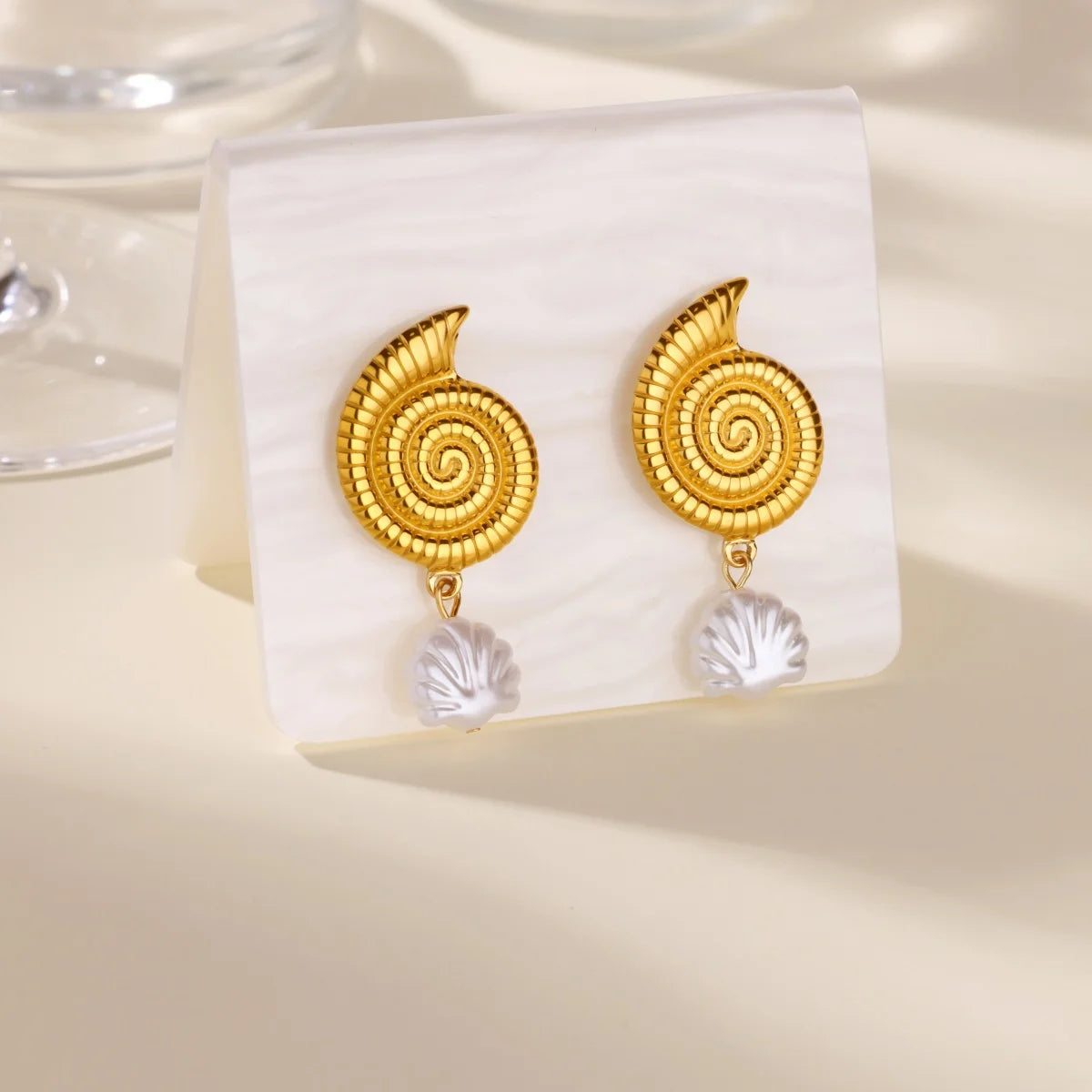 Starfish Conch Stud Earring For Women Imitation Pearl Drop Stainless Steel
