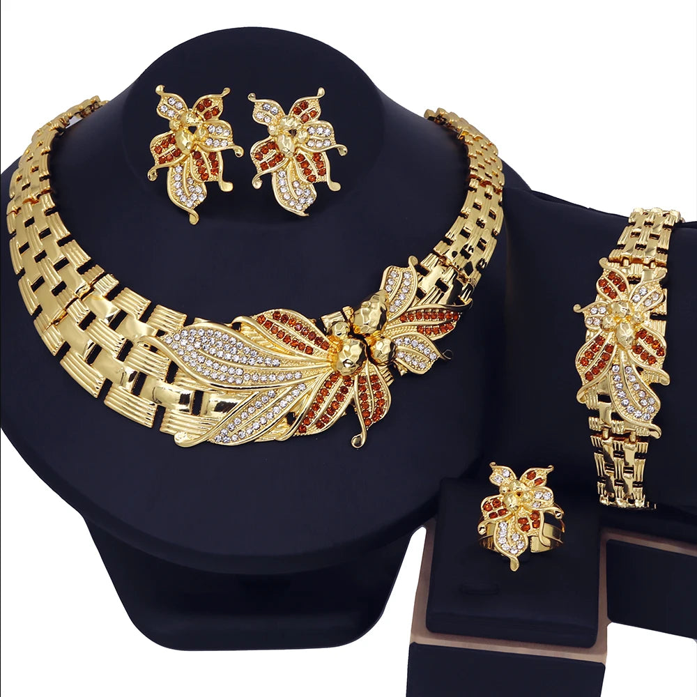 Big Flower Choker Necklace Fine Zircon Bracelet Piercing Earring Ring 18K Gold Plated Jewellery